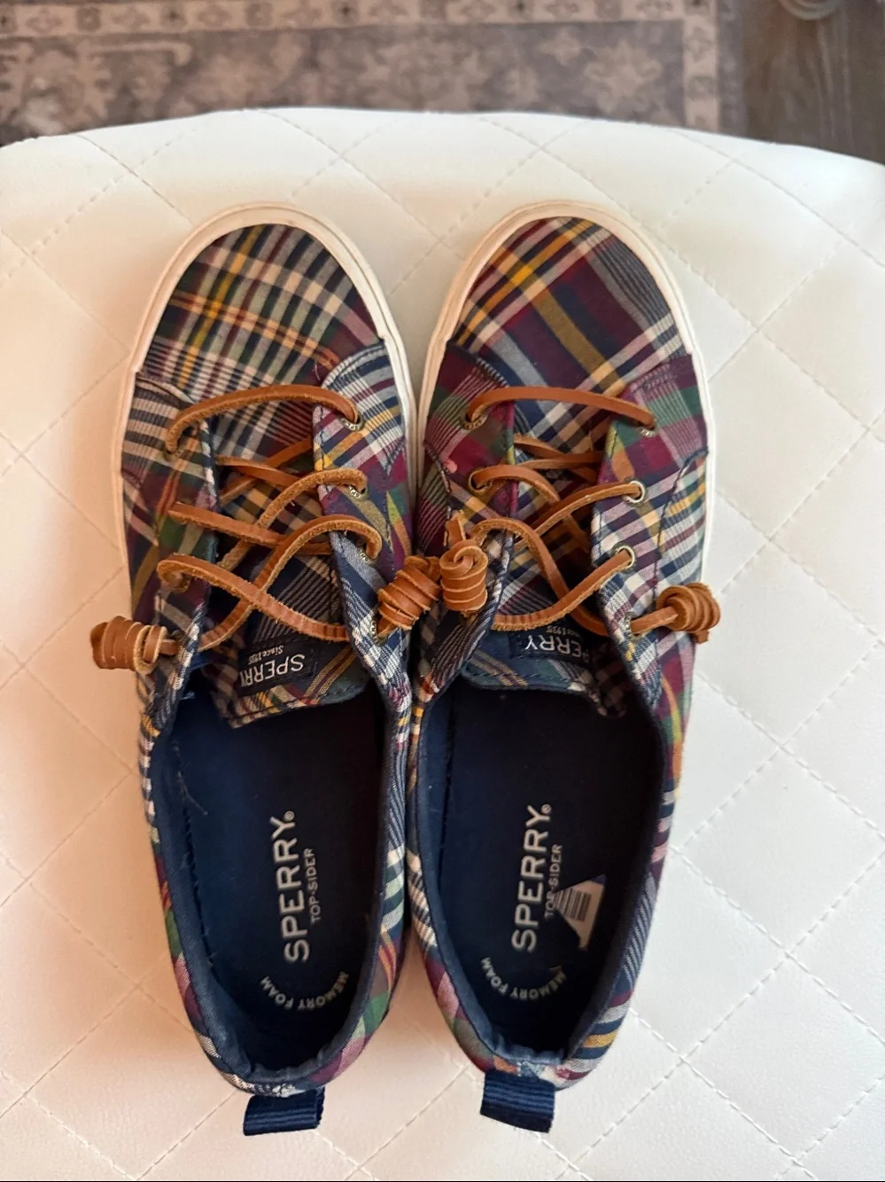 Sperry 8 1/2M Madras Plaid Canvas Boat Shoes w/Brown Leather Laces. Great cond